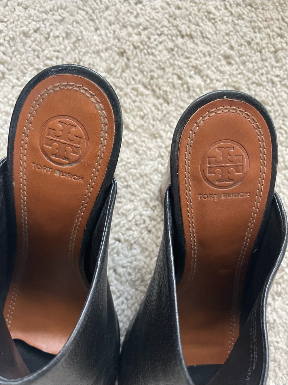 Women's TORY BURCH Black Leather RAYA Wooden BLOCK Heel PEEP Toe DESIGNER MULES - Picture 5 of 8